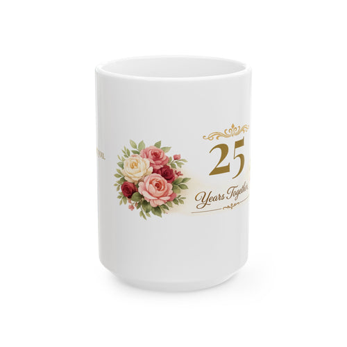 Close-up of gold accents and rose bouquet on the anniversary mug