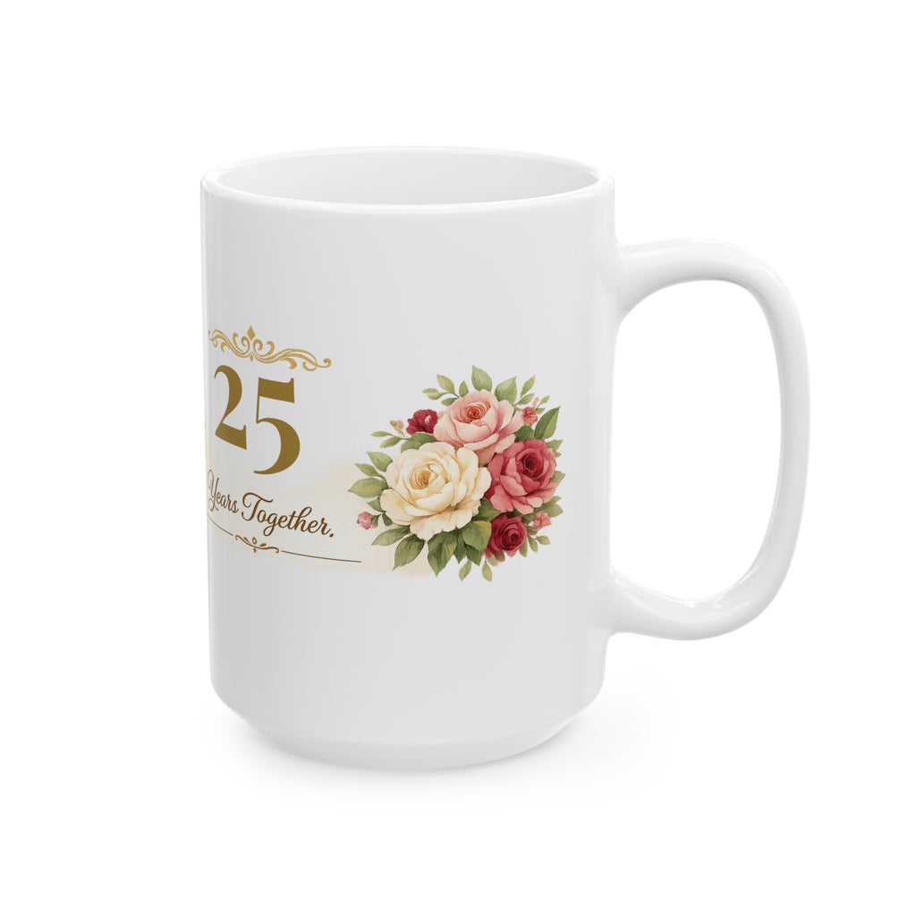 Detail shot of the glossy ceramic finish on the anniversary mug