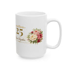 Detail shot of the glossy ceramic finish on the anniversary mug