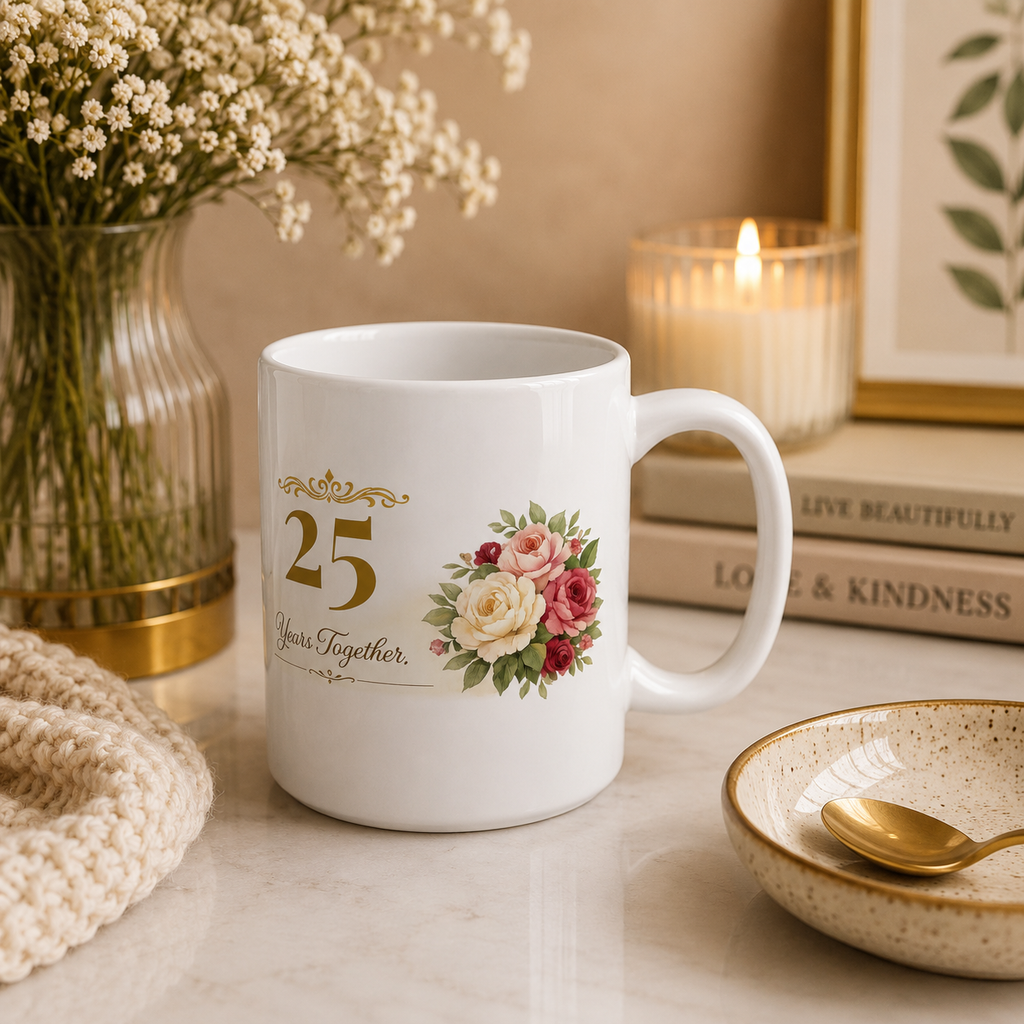 25th anniversary mug displayed on a kitchen counter