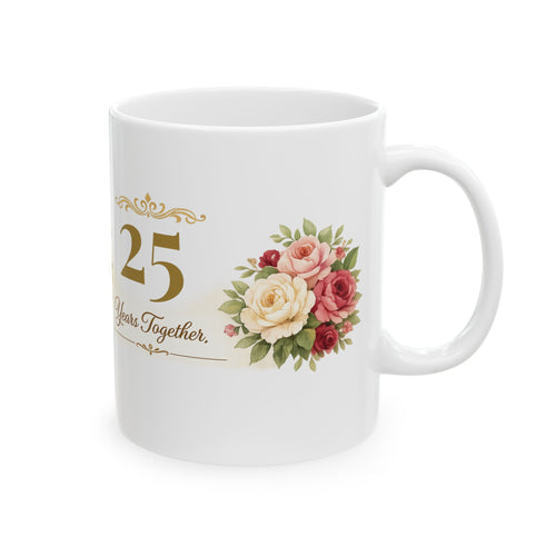 25th anniversary mug with rose bouquet and gold 25 design
