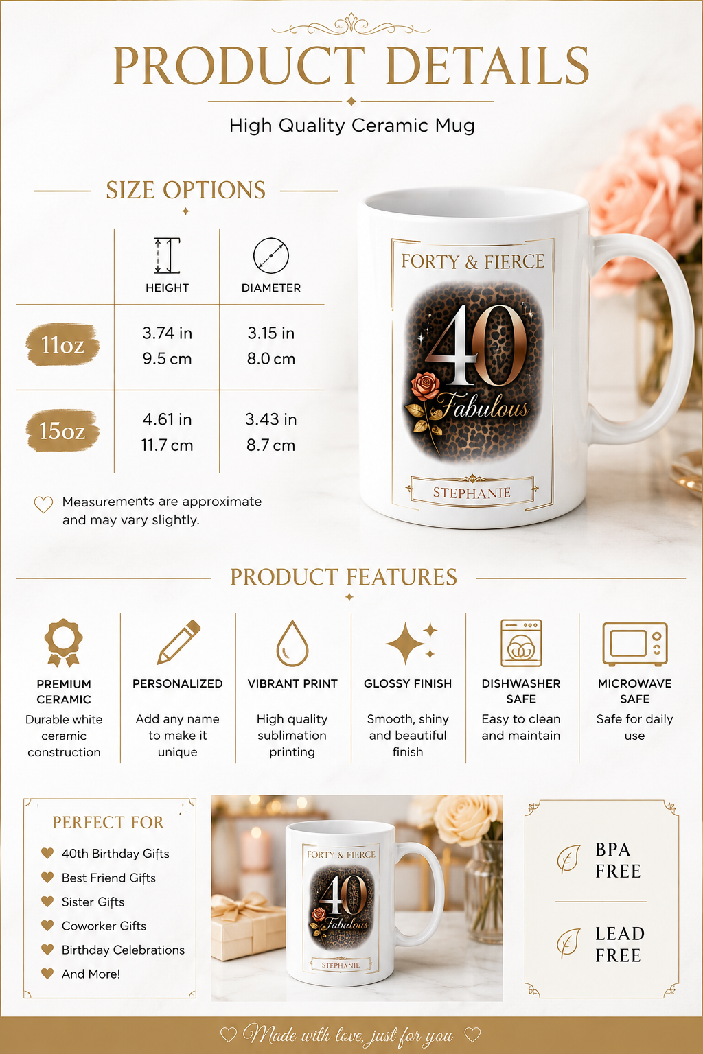 Forty Fierce glossy ceramic mug on a cozy morning table