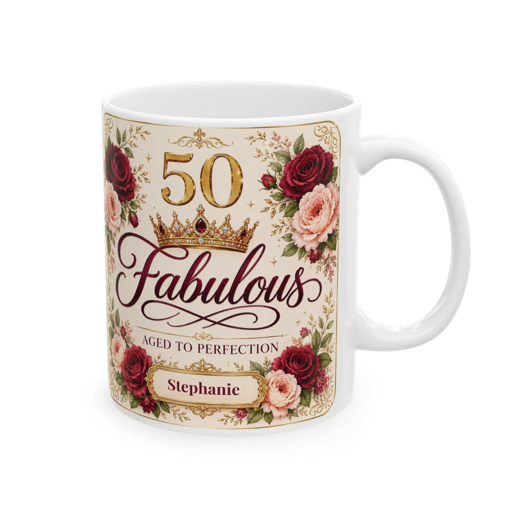 Personalized 50 Fabulous birthday mug with floral rose design and gold crown