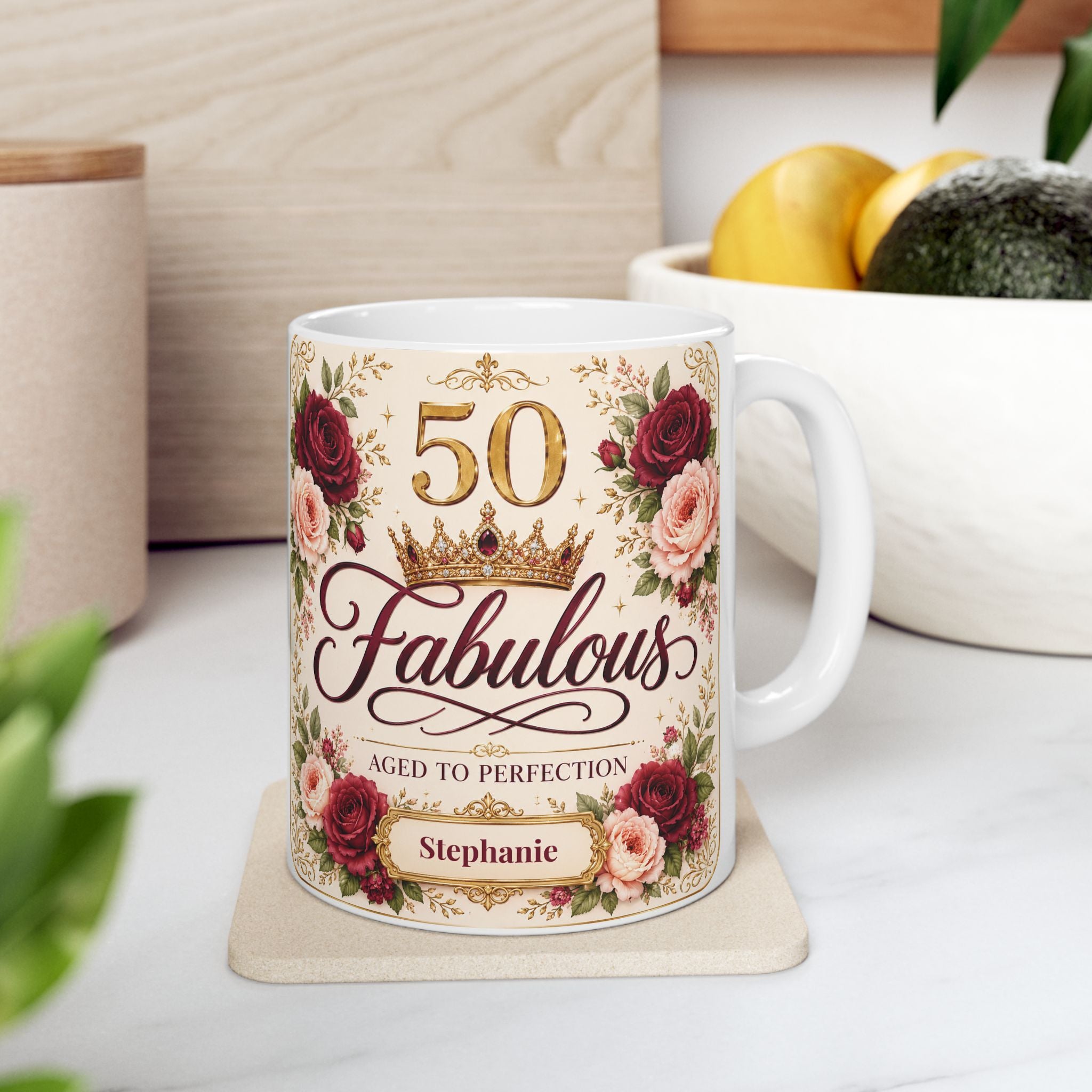 Personalized women's 50th birthday mug with crimson roses and gold accents