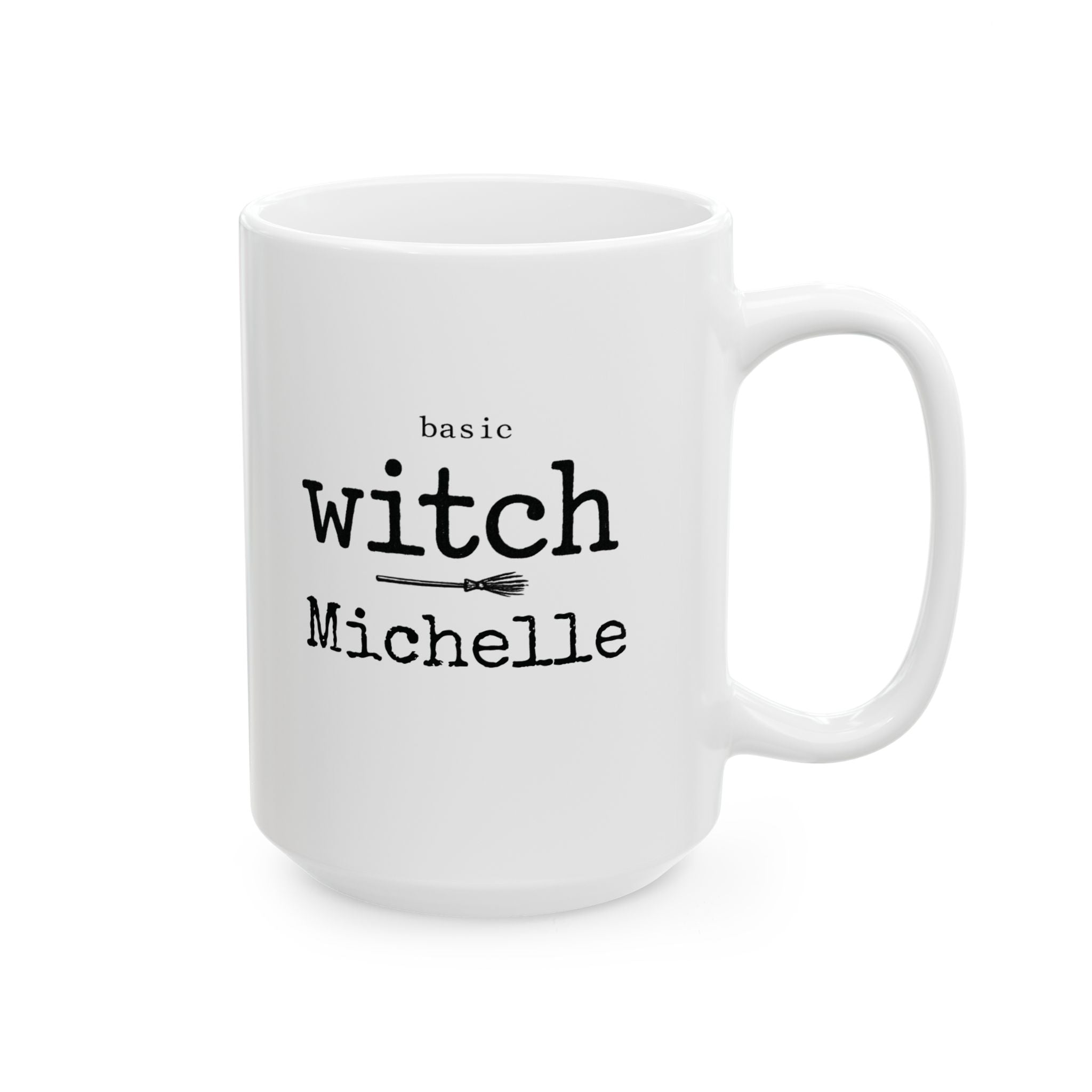 Close-up of the broom icon and typography on the Basic Witch mug