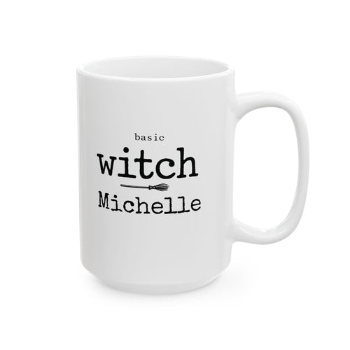 Close-up of the broom icon and typography on the Basic Witch mug