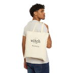 Close-up of Basic Witch broom design and custom name print on canvas tote