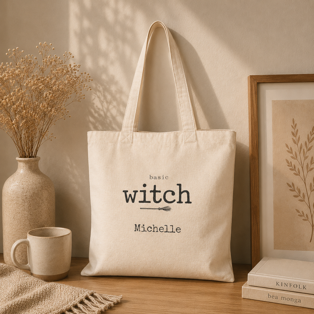 Basic Witch personalized Halloween tote carried over the shoulder, lifestyle shot