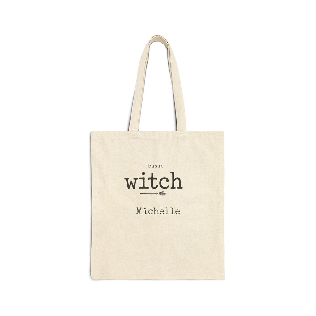 Personalized Basic Witch Halloween canvas tote bag with custom name