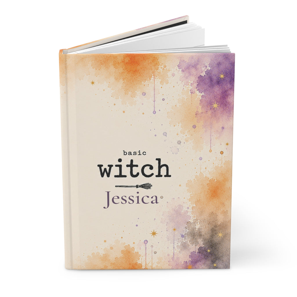 Close-up of the Basic Witch journal cover showing broomstick detail and personalized name