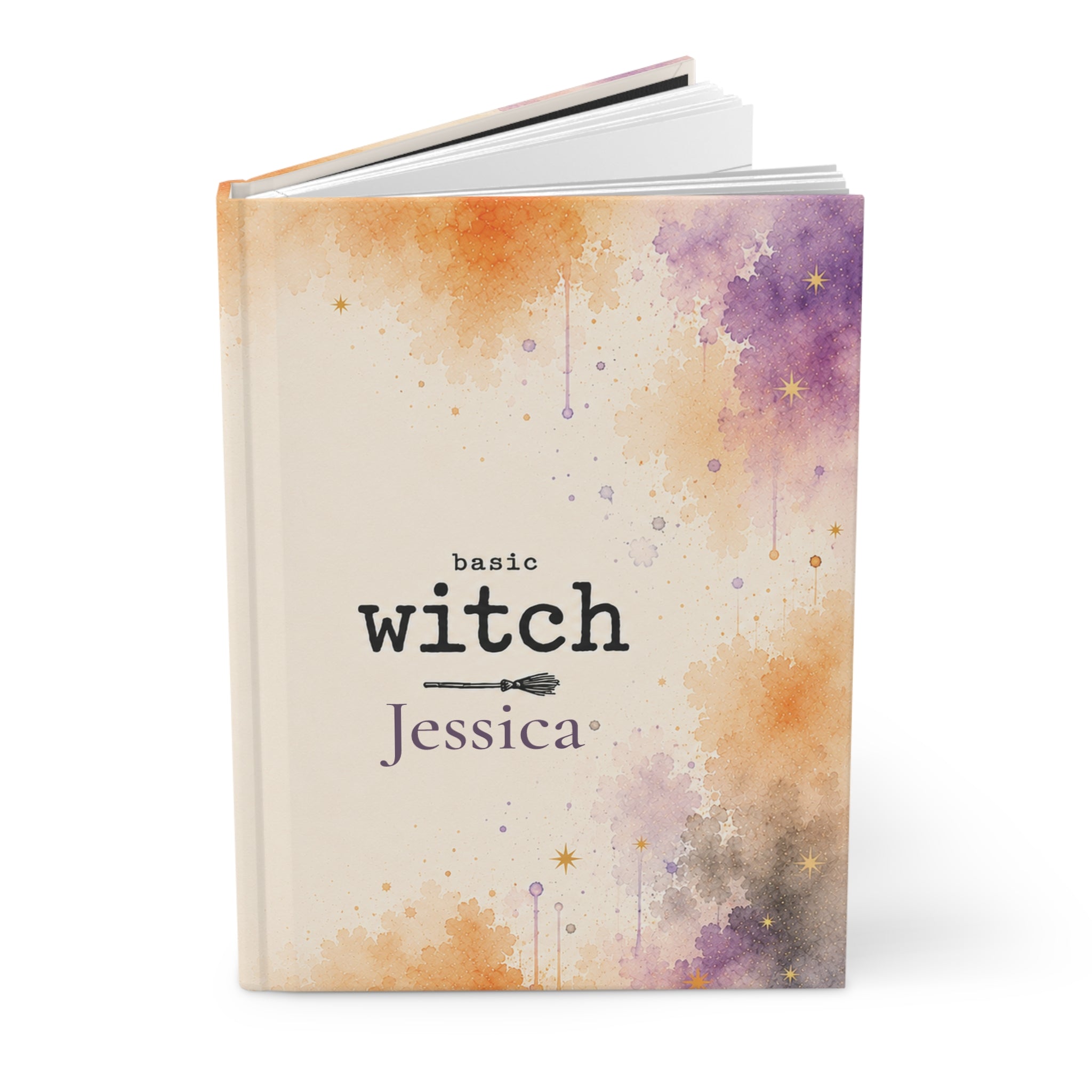 Close-up of the Basic Witch journal cover showing broomstick detail and personalized name