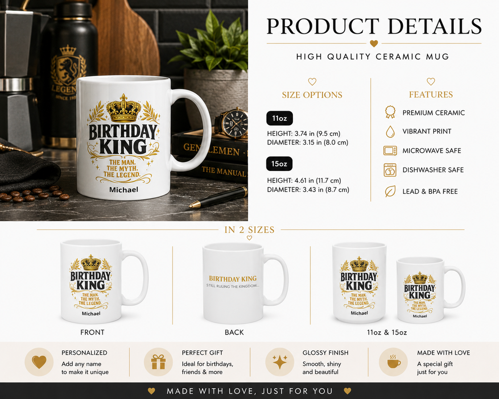 Personalized Birthday King glossy ceramic mug — gift for him