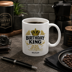 Birthday King personalized mug displayed in a home setting