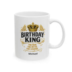 Personalized Birthday King mug with gold crown and laurel wreath design