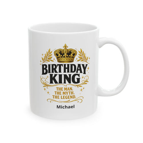 Personalized Birthday King mug with gold crown and laurel wreath design
