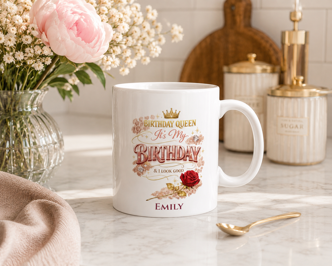 Birthday Queen personalized mug lifestyle shot on a morning table