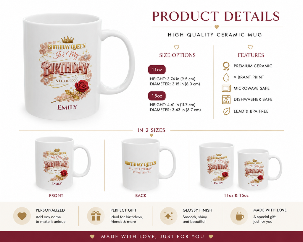 Birthday Queen glossy ceramic mug with name personalisation — gift for her