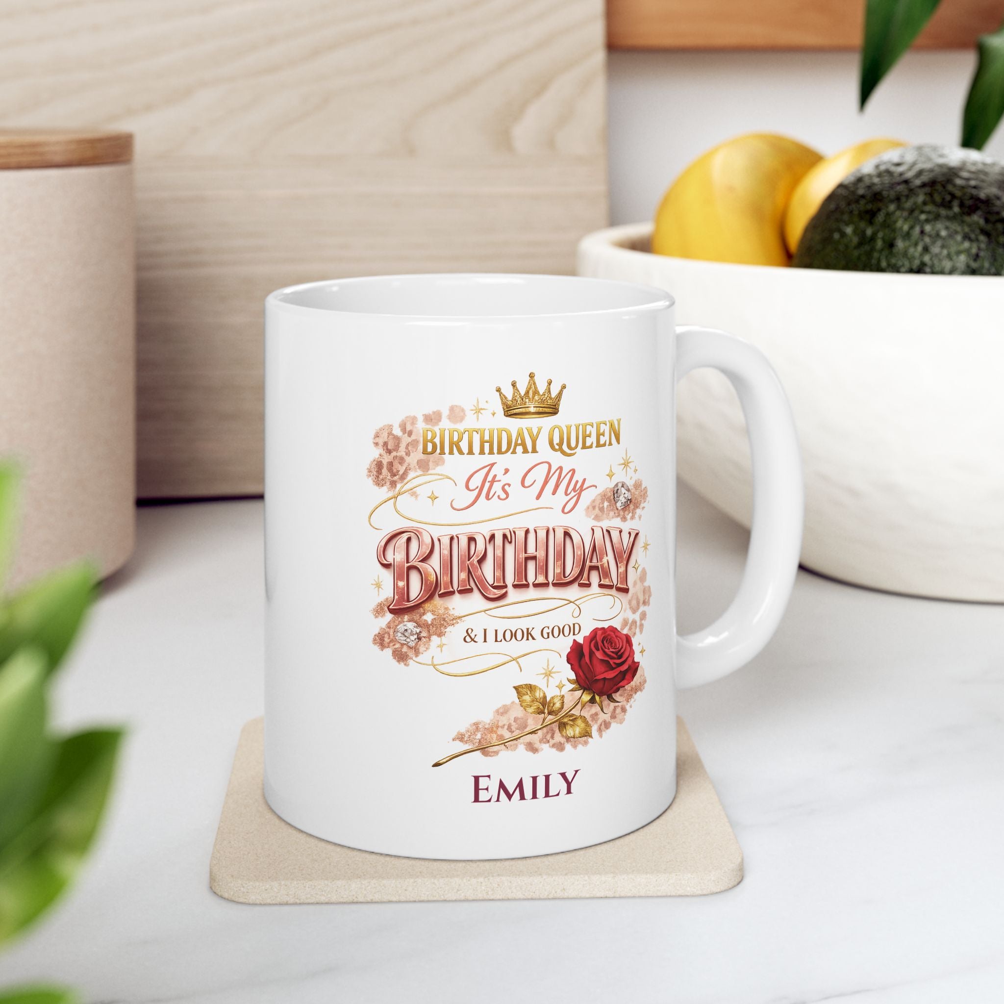 Personalized birthday mug for women — 11oz and 15oz size options shown