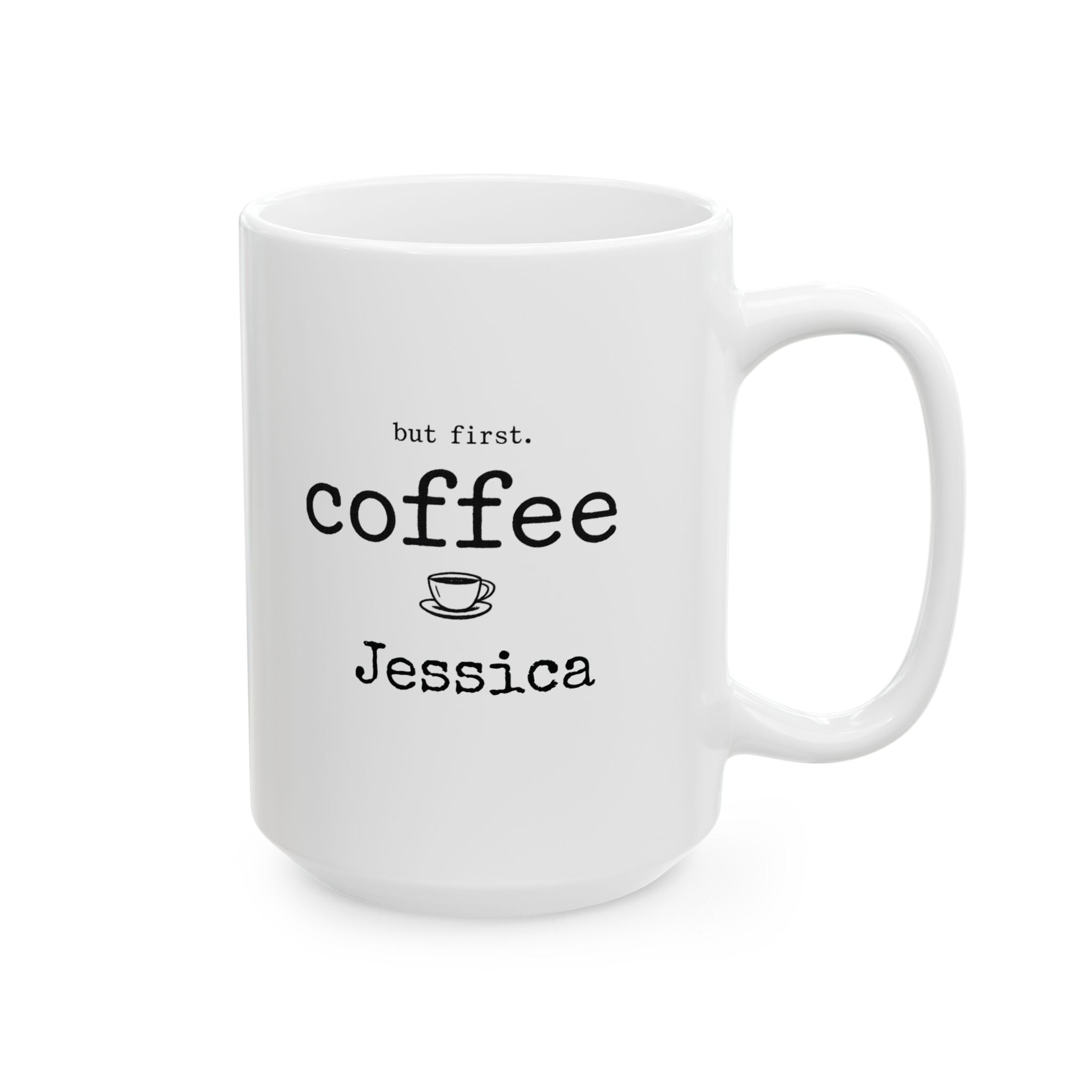 Close-up of the coffee cup icon and typography on the mug