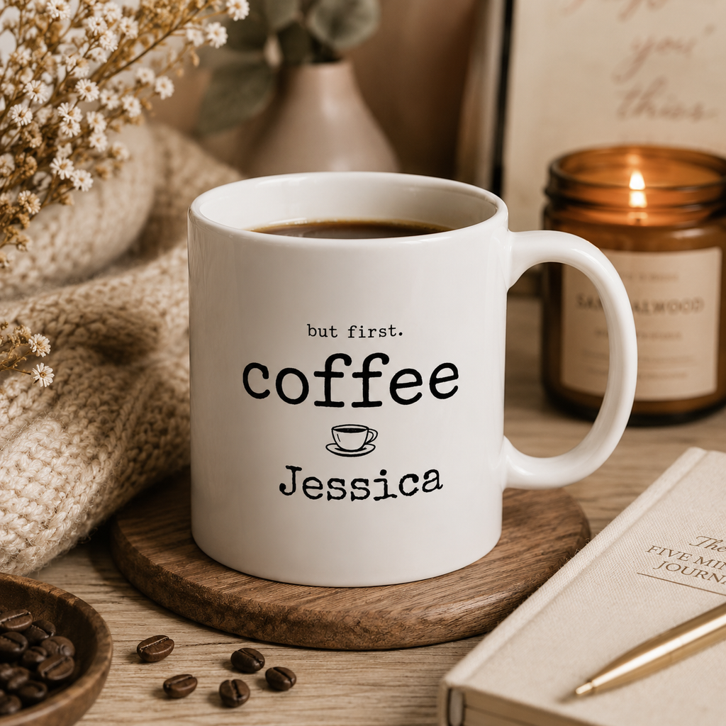 But first coffee mug displayed on a kitchen counter