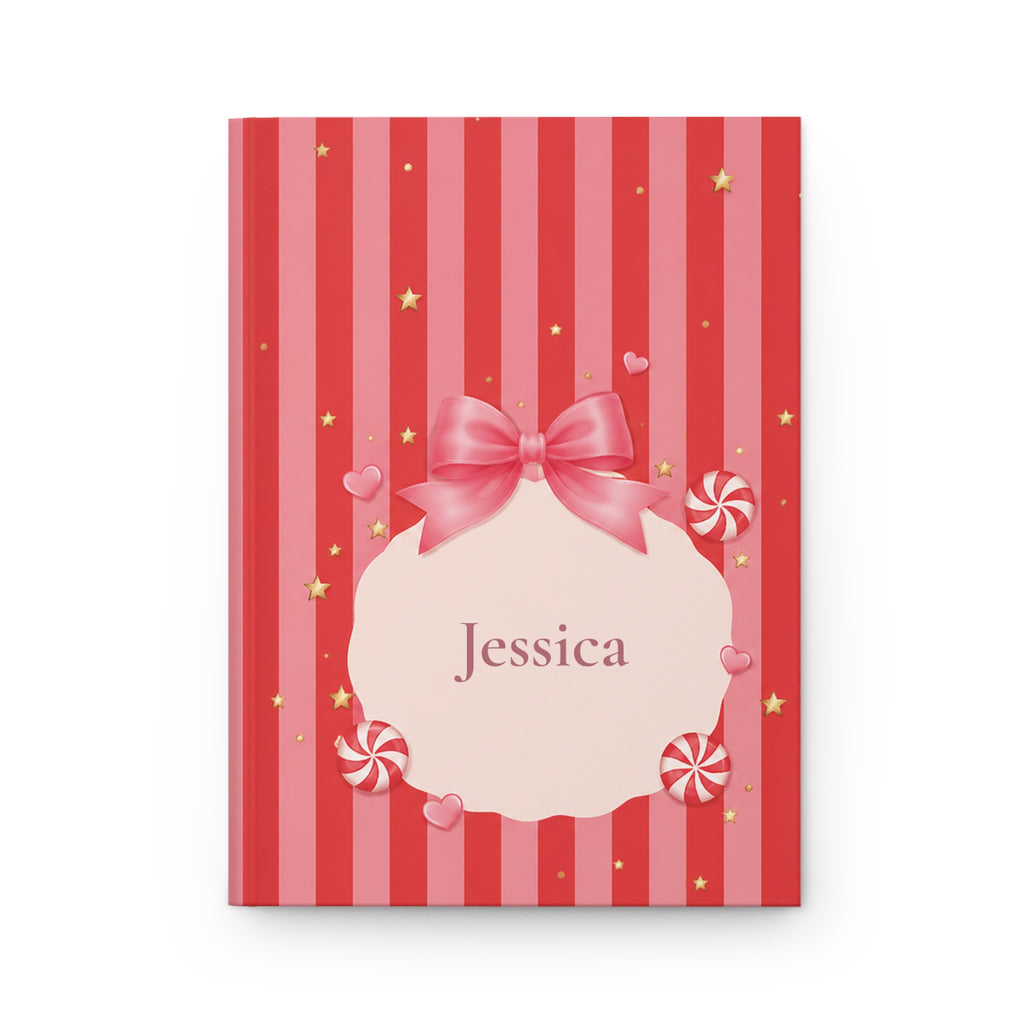Candy Cane personalized journal open flat showing custom name on red and pink striped cover with bow illustration