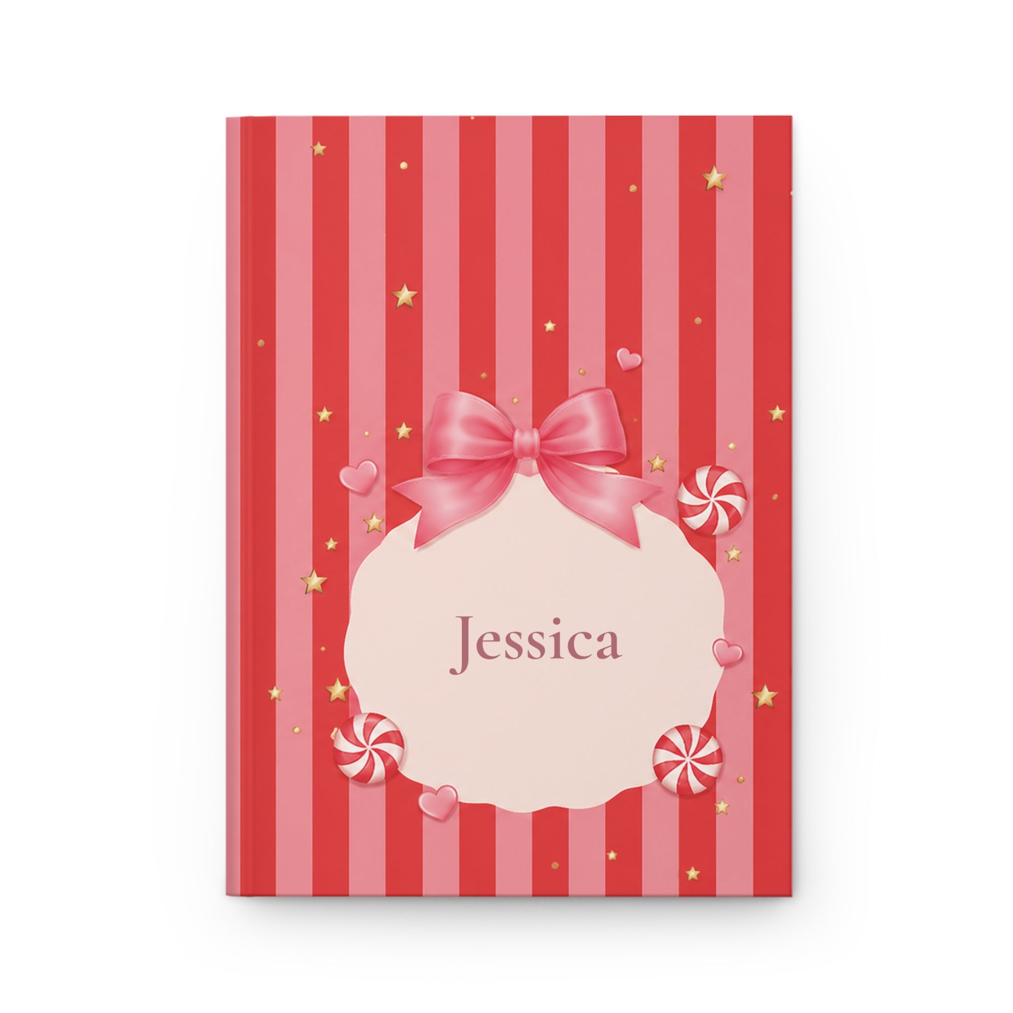 Candy Cane personalized journal open flat showing custom name on red and pink striped cover with bow illustration