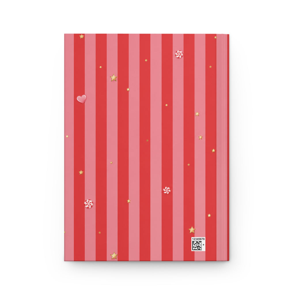 Candy Cane journal styled on a wooden desk with coffee and pen, flat lay