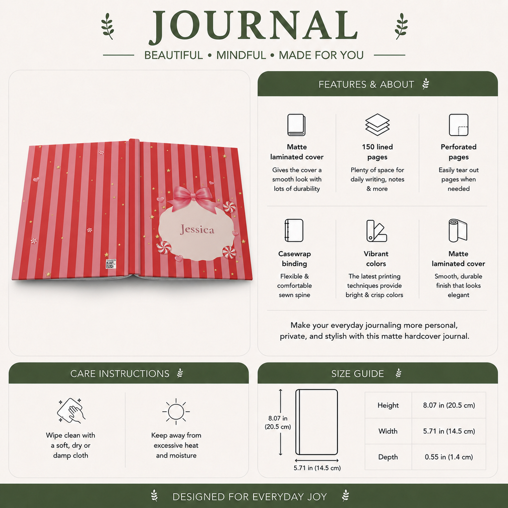 Candy Cane personalized journal styled near a Christmas tree as a holiday gift