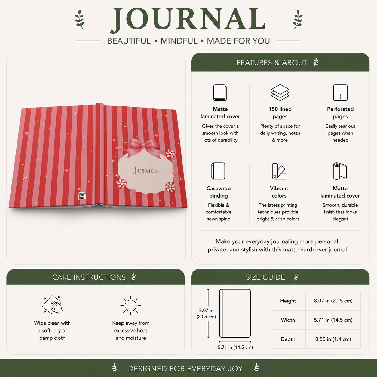 Candy Cane personalized journal styled near a Christmas tree as a holiday gift