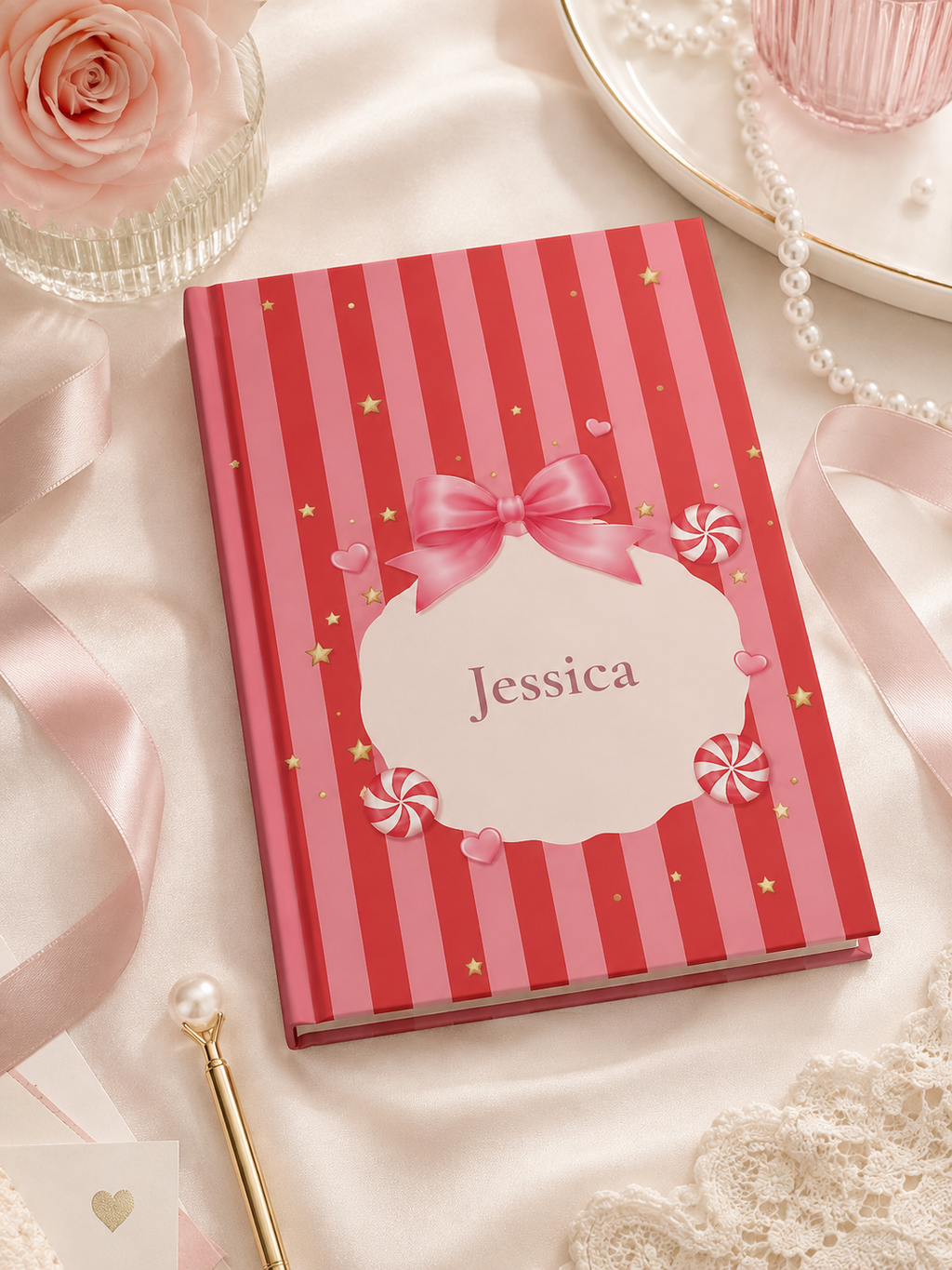 Closed Candy Cane hardcover journal standing upright showing the spine