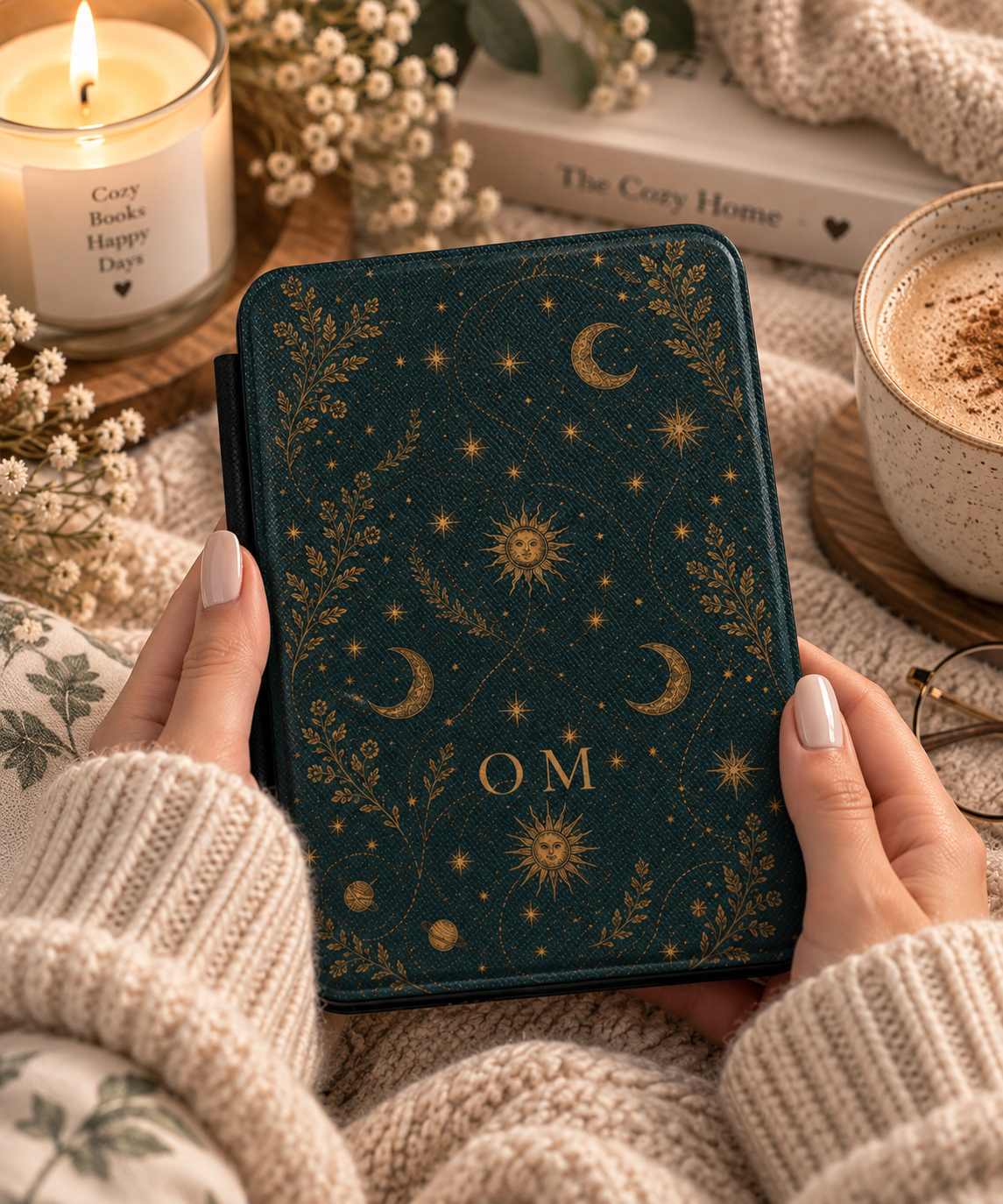 Celestial monogram Kindle case open showing soft fabric interior lining