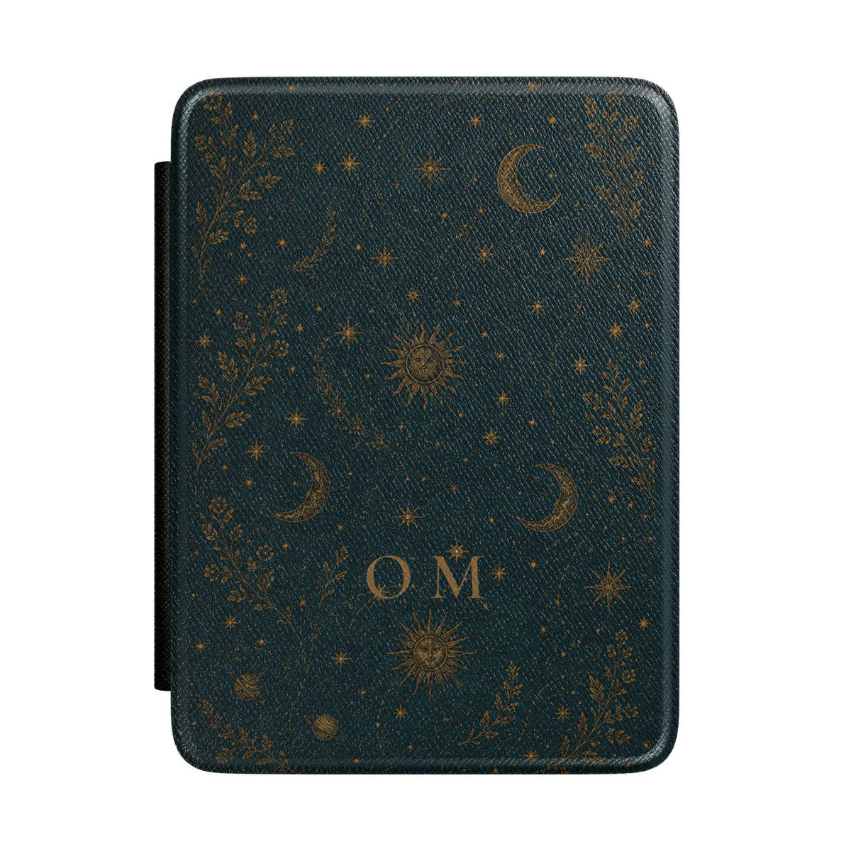 Celestial sun and moon Kindle case with gold monogram on forest green