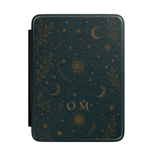 Celestial sun and moon Kindle case with gold monogram on forest green