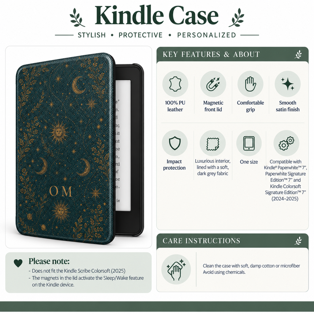 Size and compatibility chart for the celestial monogram Kindle case