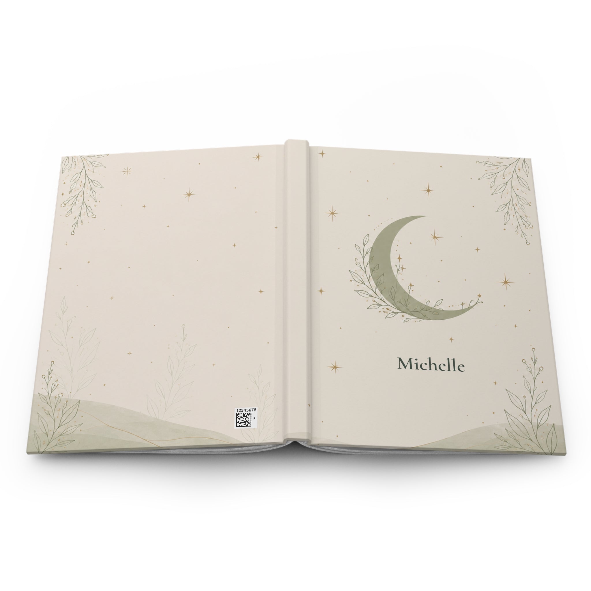 Back cover of the Celestial Moon journal showing the discreet production barcode