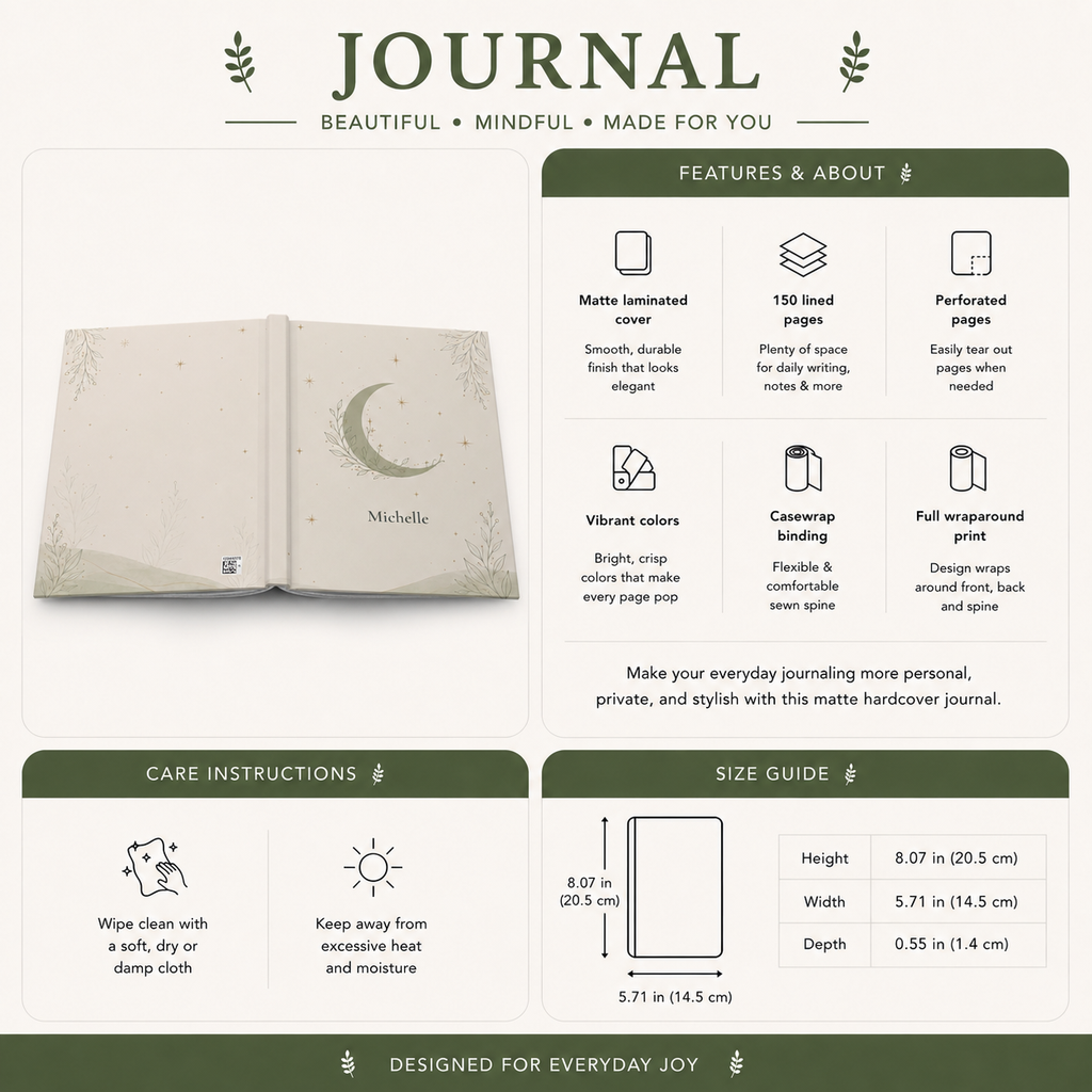 Celestial Moon personalized journal on a bedside table as part of an evening routine