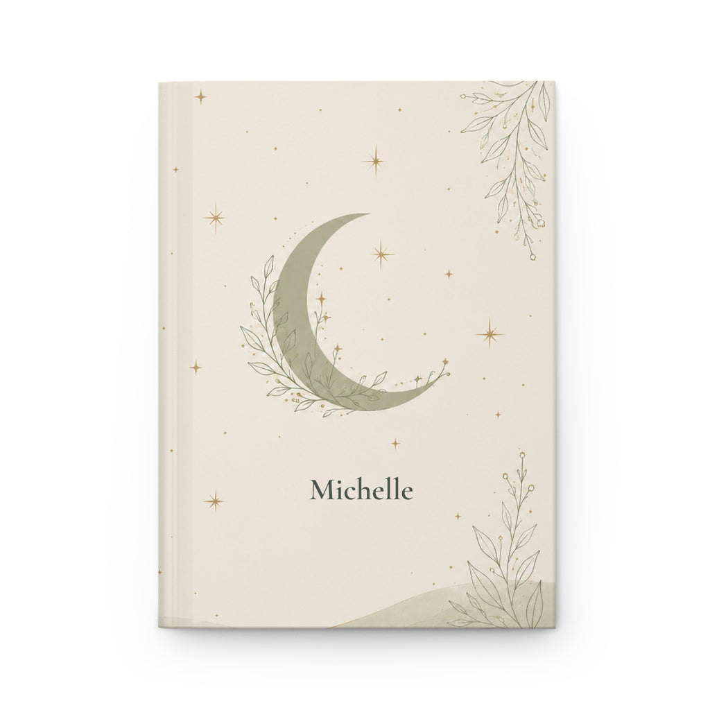 Celestial Moon personalized journal open flat showing custom name on sage-green cover with crescent moon illustration