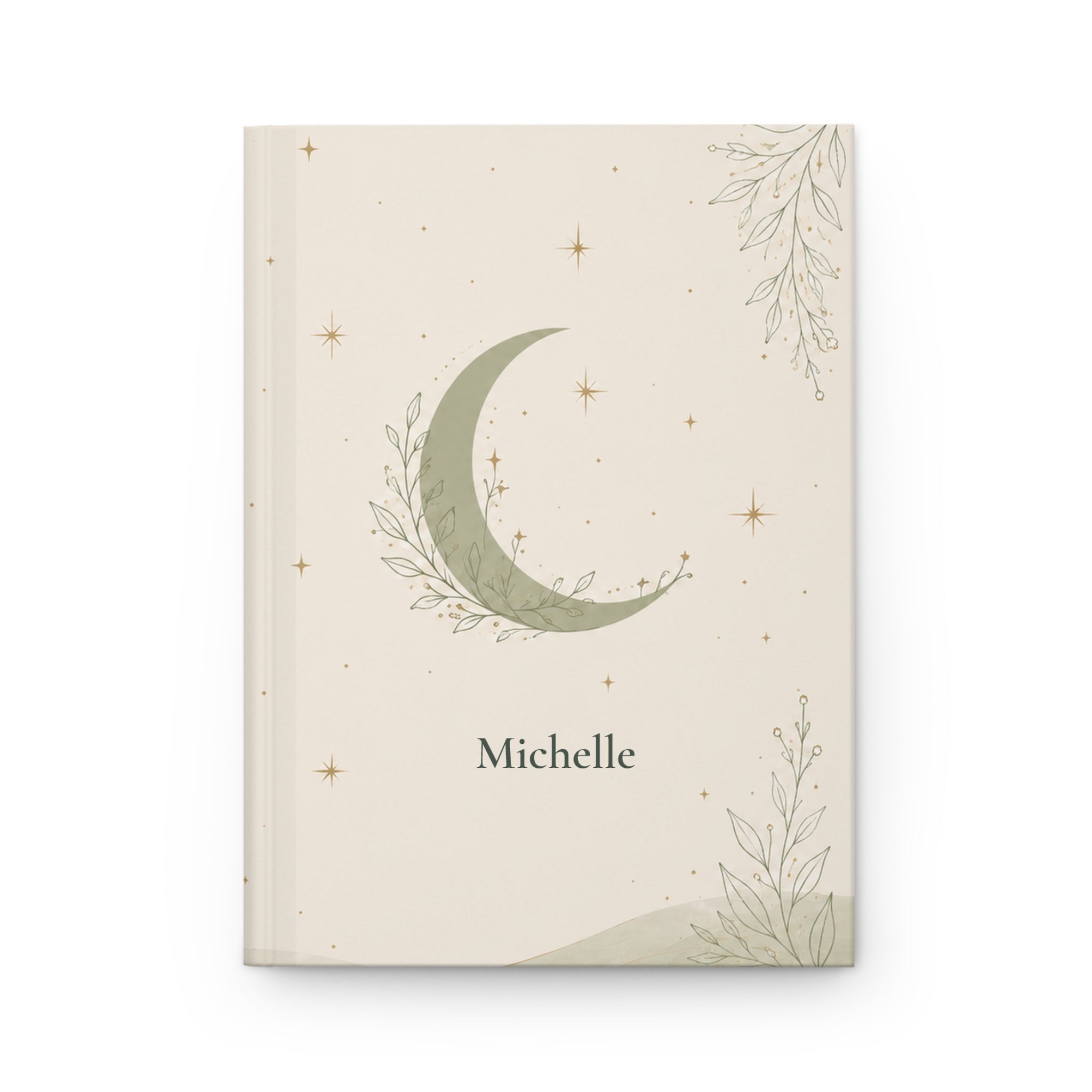 Celestial Moon personalized journal open flat showing custom name on sage-green cover with crescent moon illustration
