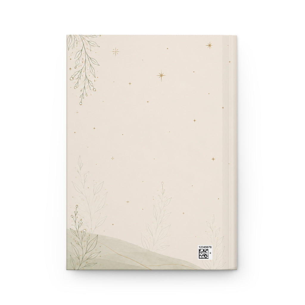 Celestial Moon journal styled on a wooden desk with coffee and pen, flat lay
