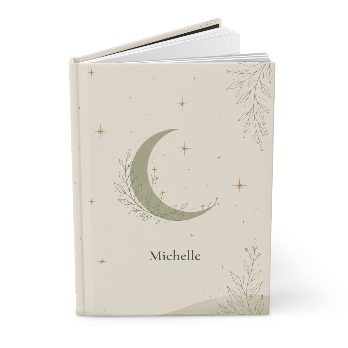 Close-up of the Celestial Moon journal cover showing botanical moon illustration and personalized name