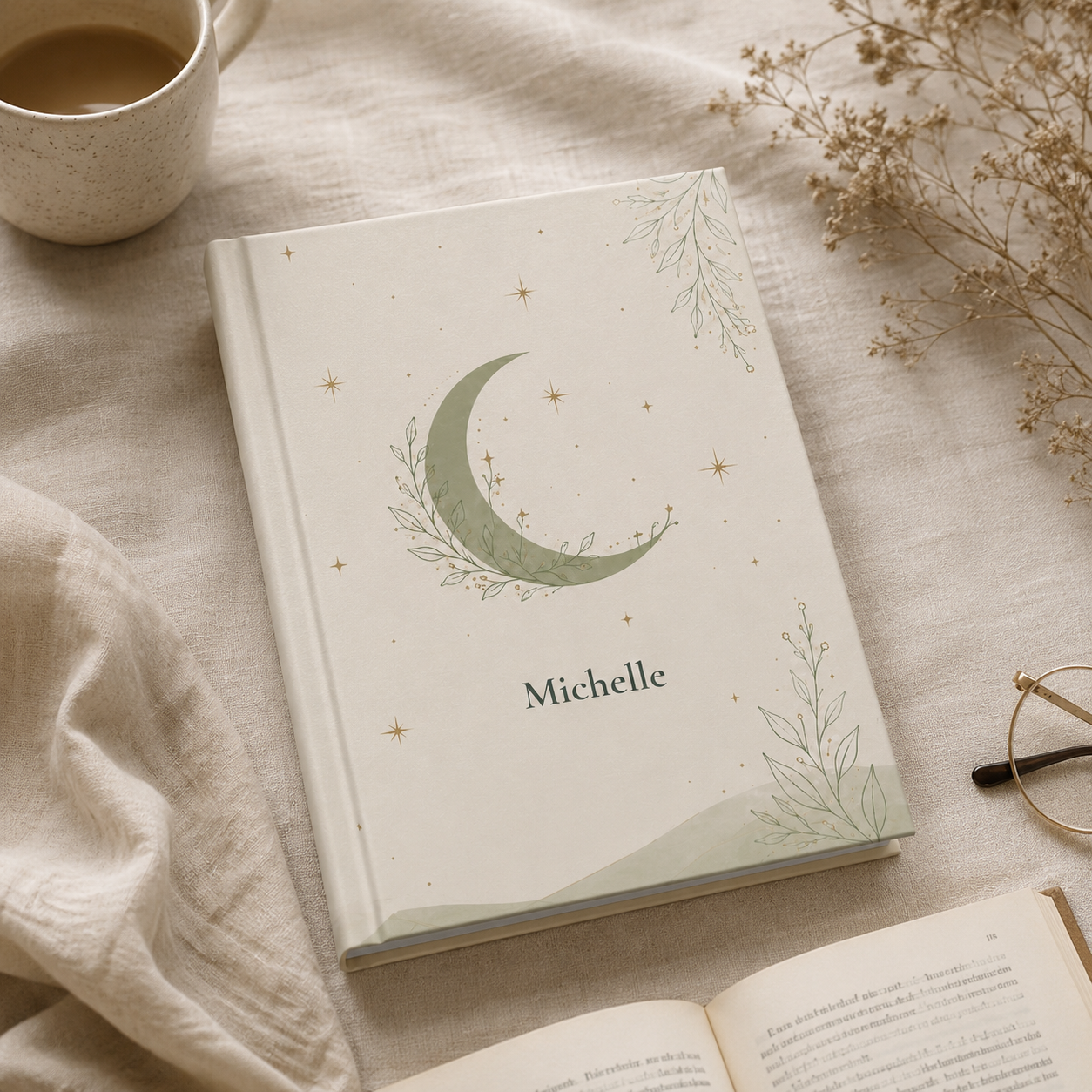 Closed Celestial Moon hardcover journal standing upright showing the spine