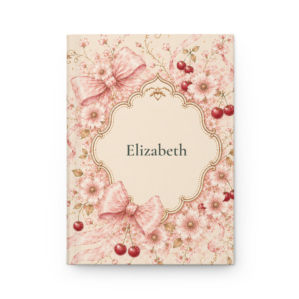 Cherry Blossom personalized journal open flat showing custom name on cover with pink floral and bow illustration