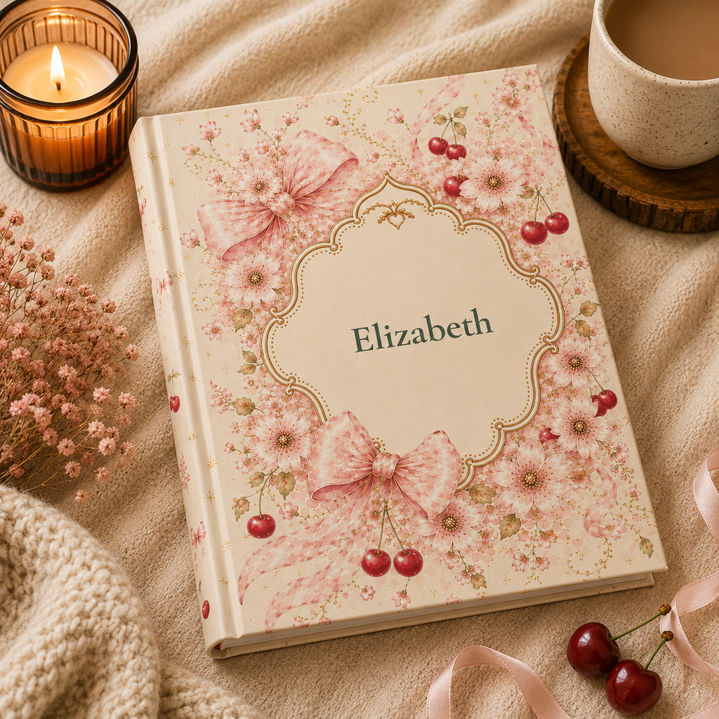 Closed Cherry Blossom hardcover journal standing upright showing the spine