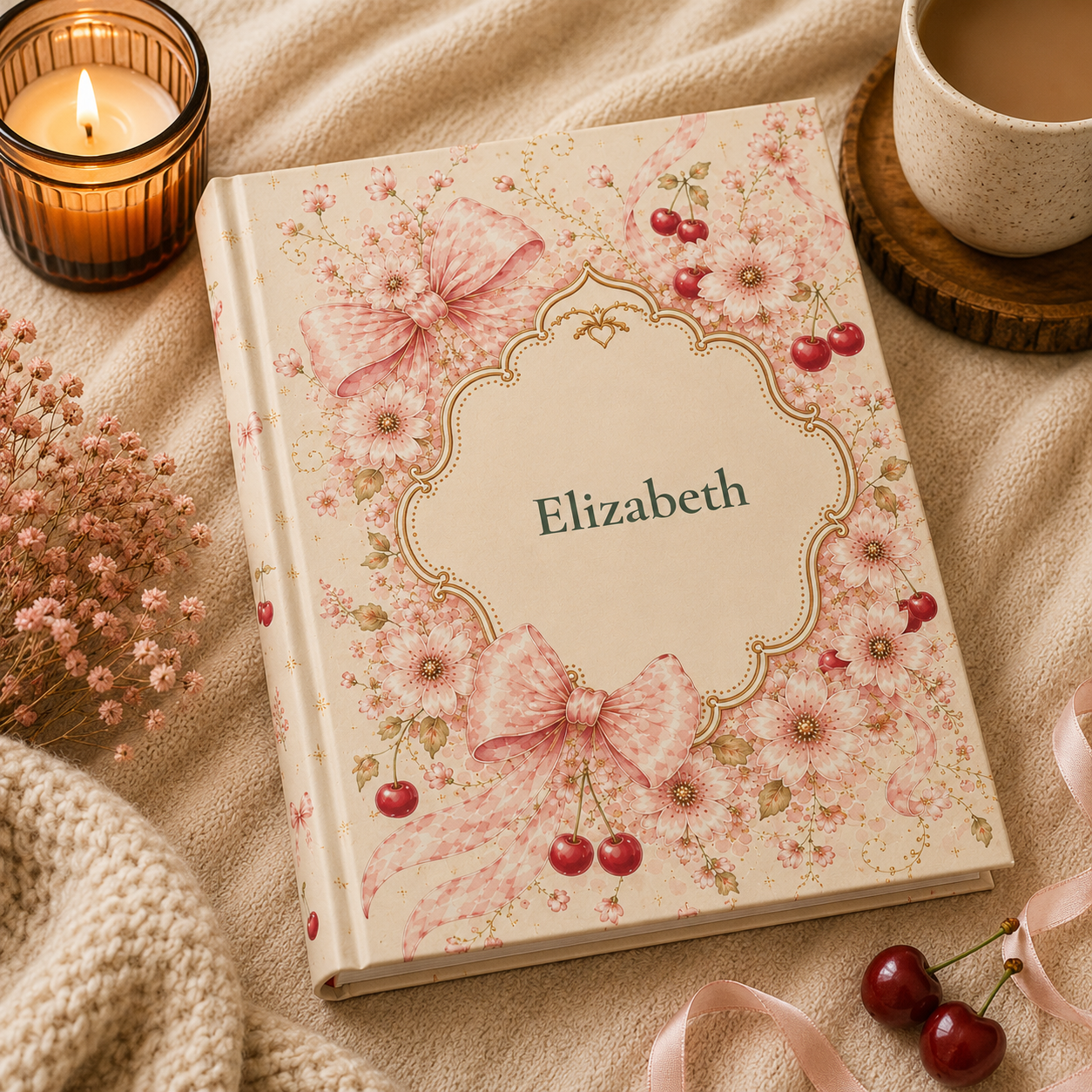 Closed Cherry Blossom hardcover journal standing upright showing the spine