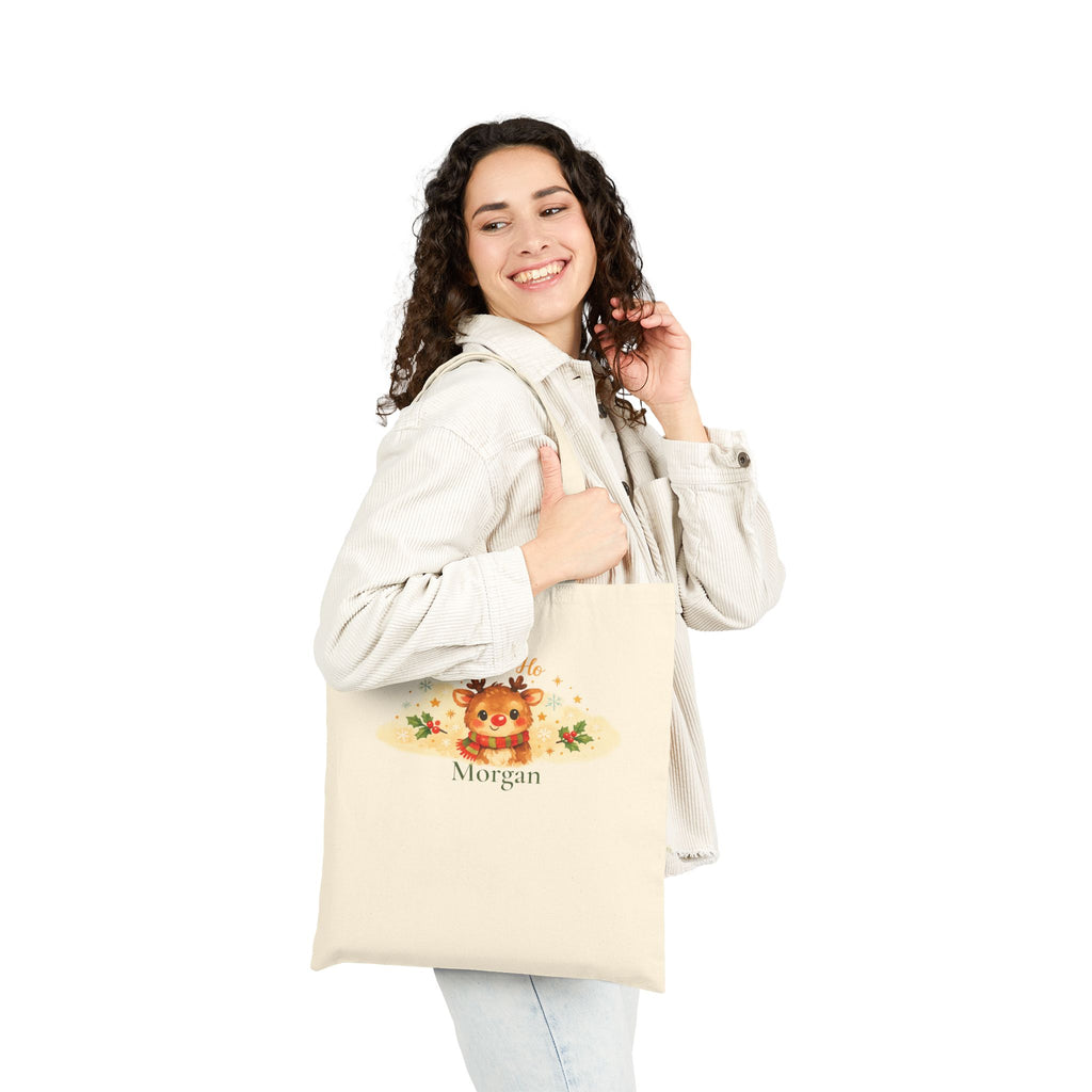 Close-up of Ho Ho Ho reindeer design and custom name print on canvas tote