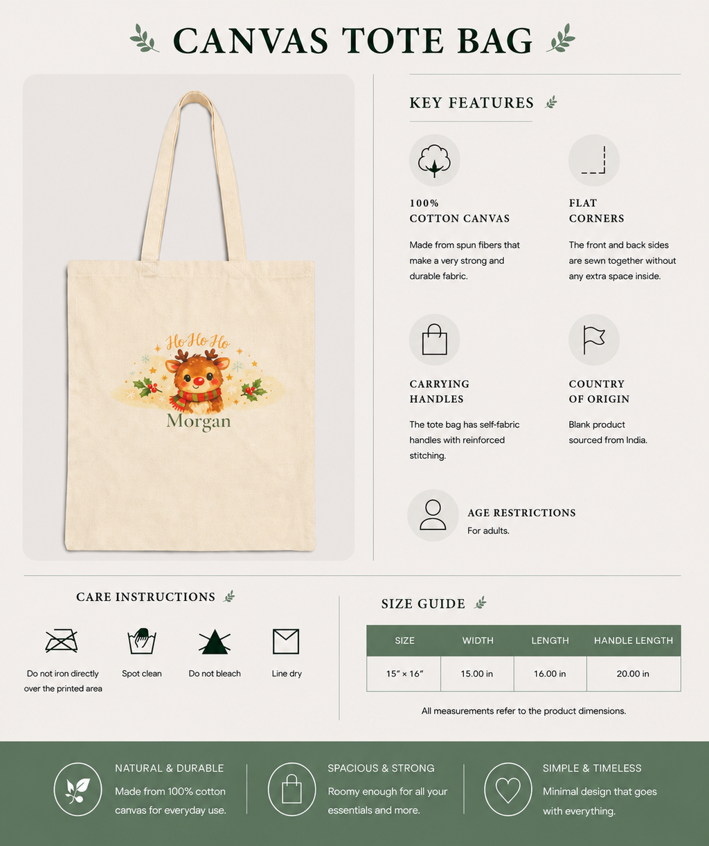 Ho Ho Ho reindeer personalized tote bag folded flat lay