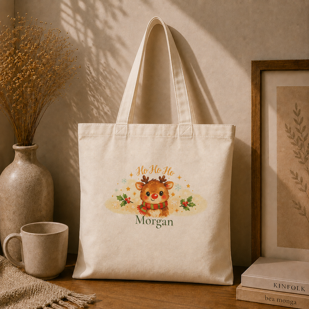 Ho Ho Ho reindeer personalized tote carried over the shoulder, lifestyle shot