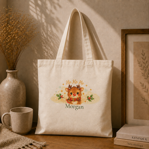 Ho Ho Ho reindeer personalized tote carried over the shoulder, lifestyle shot