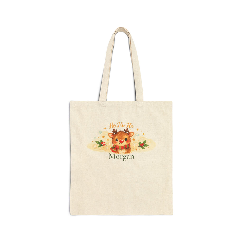 Personalized Ho Ho Ho reindeer canvas tote bag with custom name