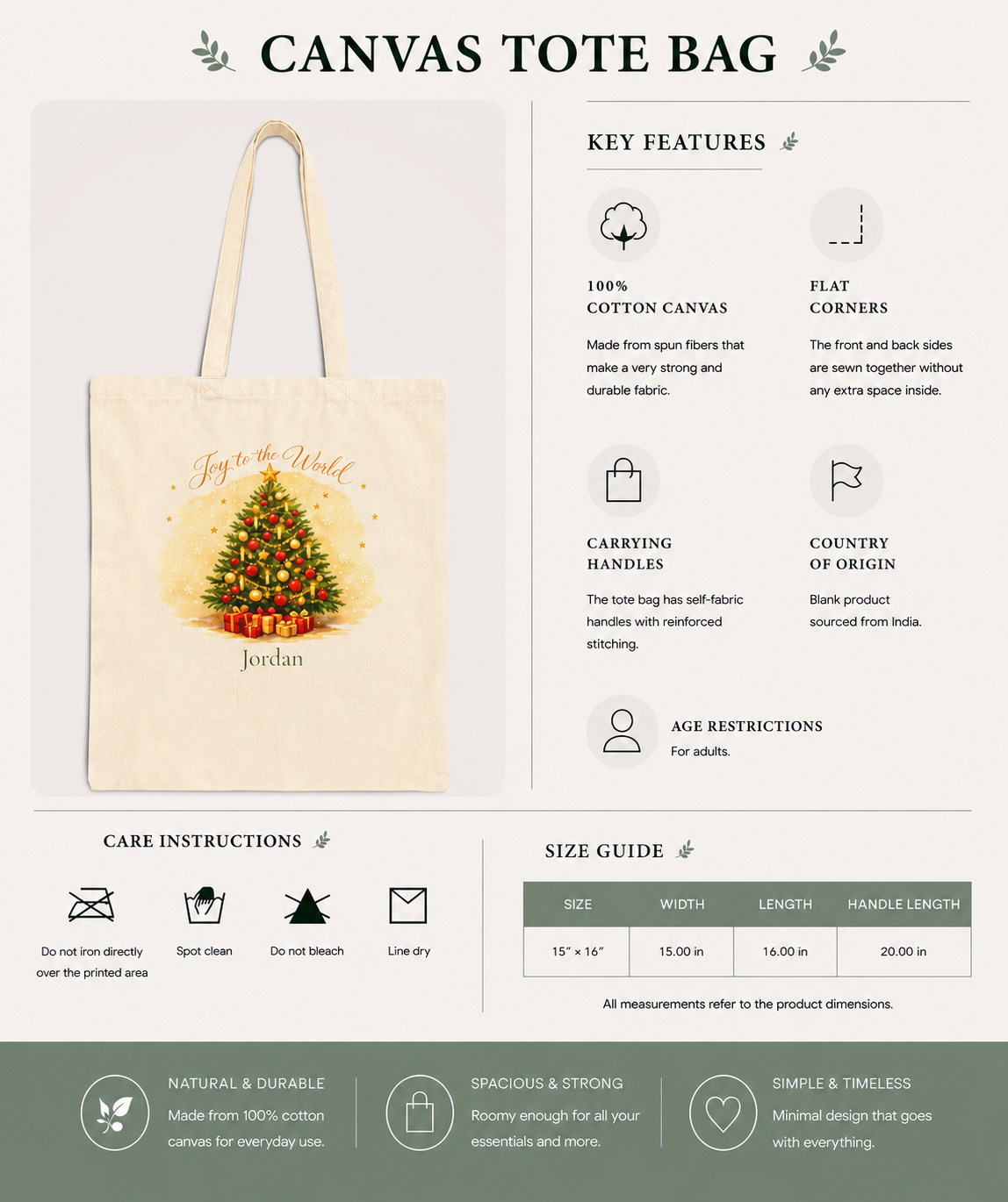 Joy to the World Christmas tree personalized tote bag folded flat lay